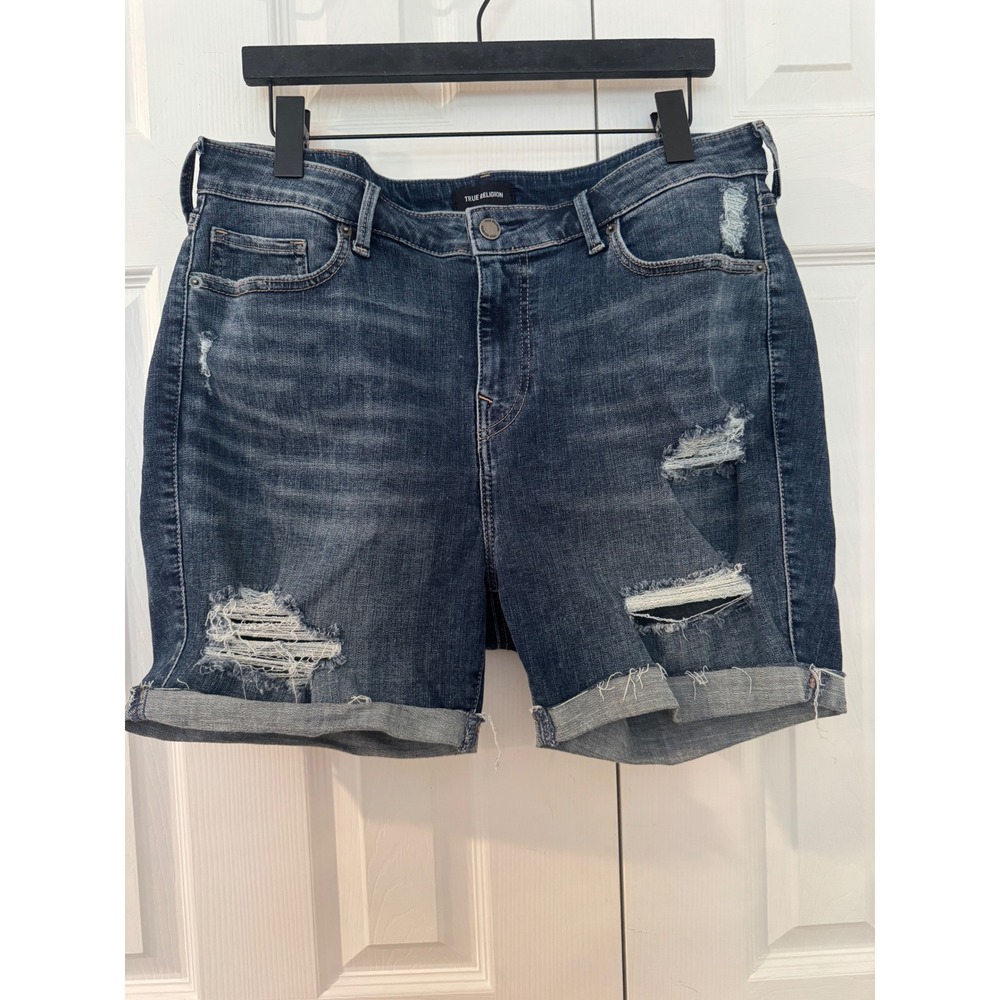 True Religion Jennie Curvy Distressed Denim Shorts Dark Wash 36W 5inch inseam.